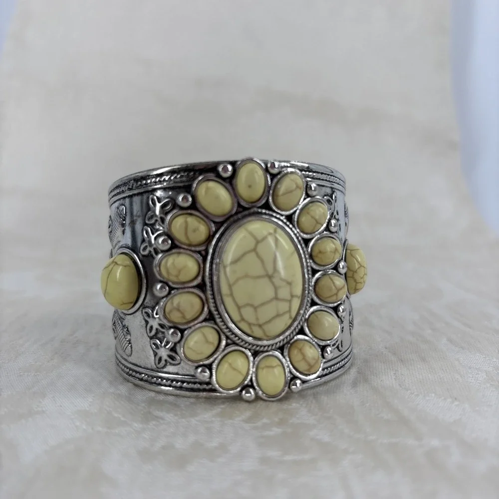 Howlite Flower Cuff Bracelet Western Boho Yellow